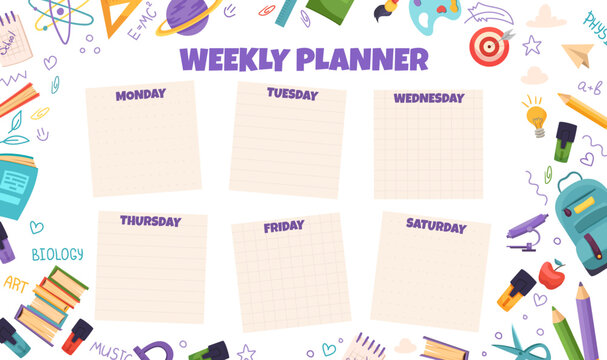 Weekly planner, back to school timetable template with school supplies, planets, books and doodle. Kids schedule design template. Vector children flat illustration
