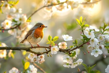 Fototapeta premium Robin Perched on Blossoming Branch in Spring
