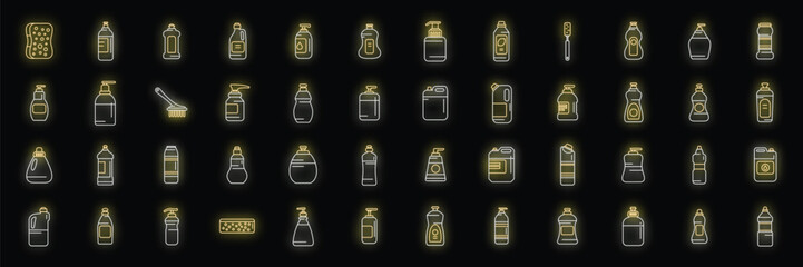 Dishwashing detergents icons set outline vector. Bowl ceramic. Clean wash neon color on black