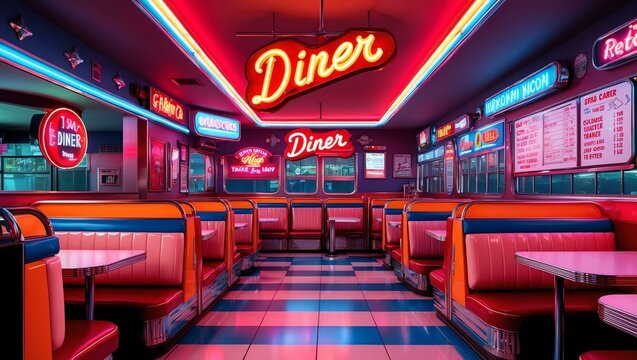 retro neon diner diner interior with neon signs booths Retro neon background theme
