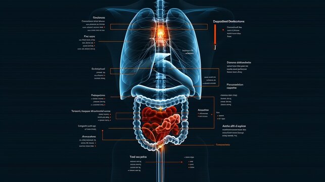 Educational diagram explaining the anatomy of the human digestive system and its physiological processes. Illustration, Image, , Minimalism,