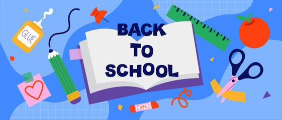 Back to school banner, background, flyer, card. Simple flat style education icons, symbols, doodles. Art collage,design elements. Bright colorful school subjects conept.