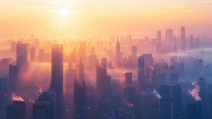 Minimalist depiction of a city skyline with smog above, and a clear sky line below on a split background, symbolizing air pollution