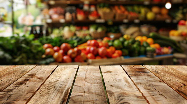 Surface of wooden table in front of grocery store display counter with colorful fruits and vegetables, ready for product display or use for advertising purposes