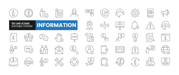 Set of 50 Information line icons set. Information outline icons with editable stroke collection. Includes Help Desk, Support, Assistance, Manual, FAQ, and More.