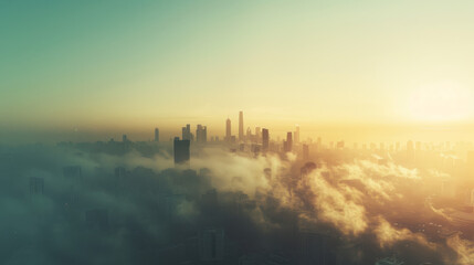 Minimalist depiction of a city skyline with smog above, and a clear sky line below on a split background, symbolizing air pollution