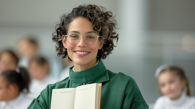 Content teacher in a classroom holding a book and engaging with students. Diverse educators creating an inspiring learning environment with smiles and positive energy. Portrait, Realistic Photo, High