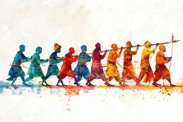 Obraz premium Indian simple geometric style an illustration of a group of people are pulling a long pole