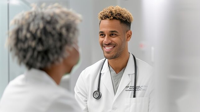 Smiling doctor in a white coat consulting with a patient in a clinic. Diverse healthcare providers offering compassionate care and medical expertise in a welcoming setting. Portrait, Realistic Photo,