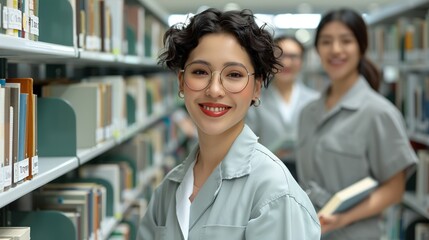 Content librarian in a library shelving books and assisting patrons. Diverse library staff creating an inclusive and resourceful environment with smiles and dedication. Portrait, Realistic Photo,