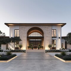 Obraz premium create a hyper realistic exterior architectural rendering in the Mission style design of a beautifullay detailed Library