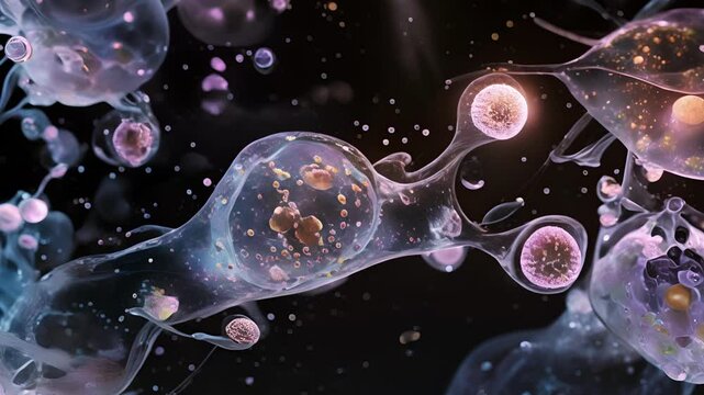 A montage of hematopoietic stem cells at various stages of their differentiation journey highlighting the different morphologies and cell structures.