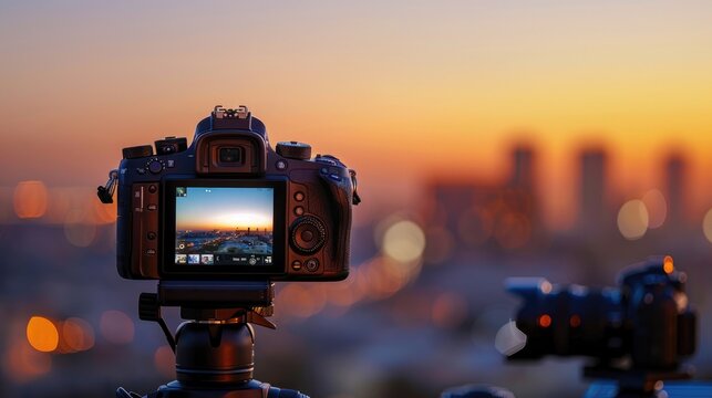 Capturing a stunning sunset in his viewfinder. Realistic style photography.