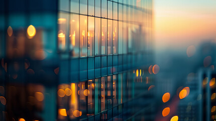 Minimalistic blurry background of a high-rise office building facade with soft window lights.