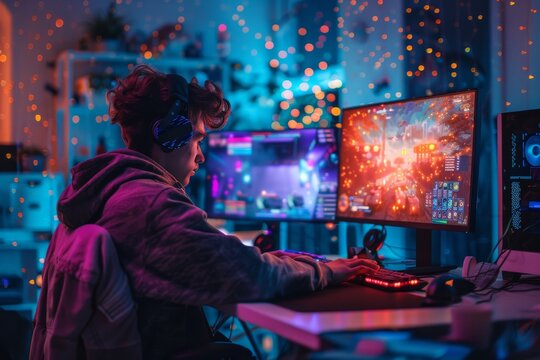 Solo gamer focused on playing a game in a dark room illuminated by multiple screens and colorful LED lights. Wearing headphones and a hoodie, the gamer is immersed in an intense gaming session.