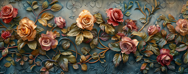 A stucco wall adorned with a detailed pattern of Victorian-era flower blossoms. Roses, lilies, and ivy in rich, deep colors create an elegant and timeless design.