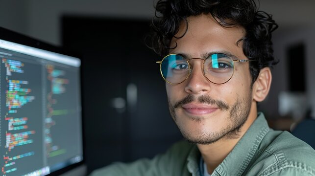 Content software developer in casual attire coding on a computer in a modern office. Diverse tech team collaborating on innovative projects and celebrating success with smiles. Portrait, Realistic
