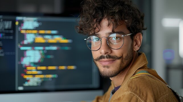 Content software developer in casual attire coding on a computer in a modern office. Diverse tech team collaborating on innovative projects and celebrating success with smiles. Portrait, Realistic