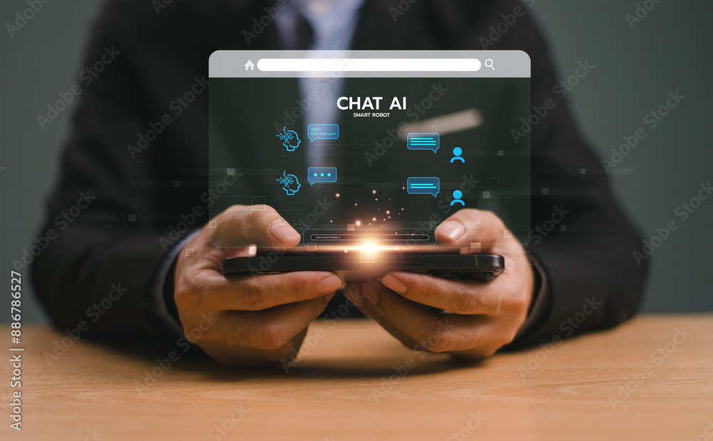 Poster ai digital chatbot for provide access to information and data in online network. robot chat applicat