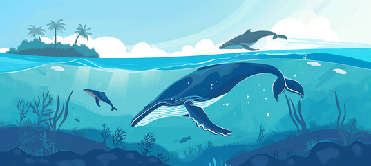Naklejka premium The Ocean horizontal background with blue humpback, Illustration