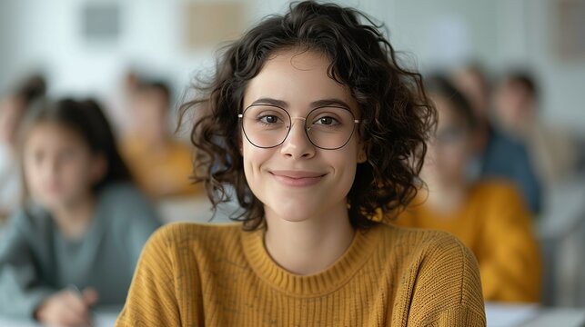 Happy teacher in a classroom engaging students in a lively discussion. Diverse educators fostering a positive and inclusive learning environment with smiles and dedication. Portrait, Realistic Photo,