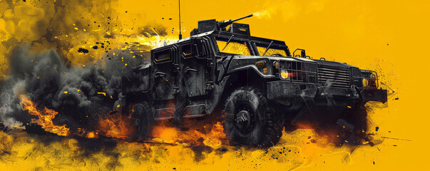 An armored vehicle on fire with roaring flames and dark smoke, isolated on a bright yellow background, emphasizing the chaos and drama.