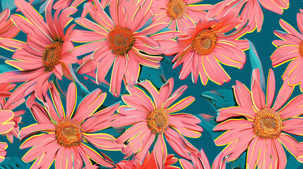 Pink Daisies Floral Pattern on Teal Background
