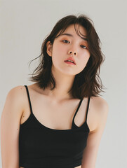 Fototapeta premium A white-skinned woman, 28 years old. Beautiful Korean woman with shoulder-length hair and short bob hairstyle