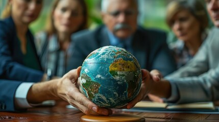 A group of people are gathered around a table with a globe in the center
