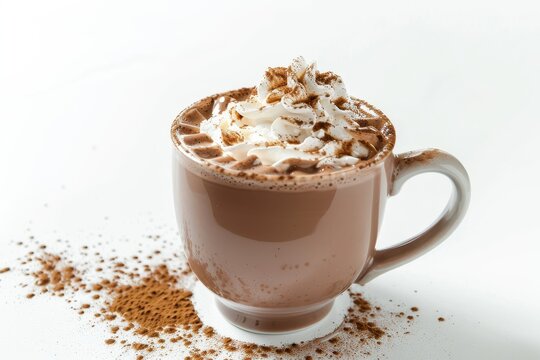 A mug of hot chocolate with whipped cream and a sprinkle of cocoa powder, isolated on a white background