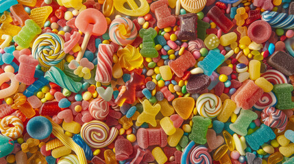 vibrant assortment of colorful gummy candies, neatly arranged in rows by type and color, creating a visually appealing and mouth-watering display of sweets