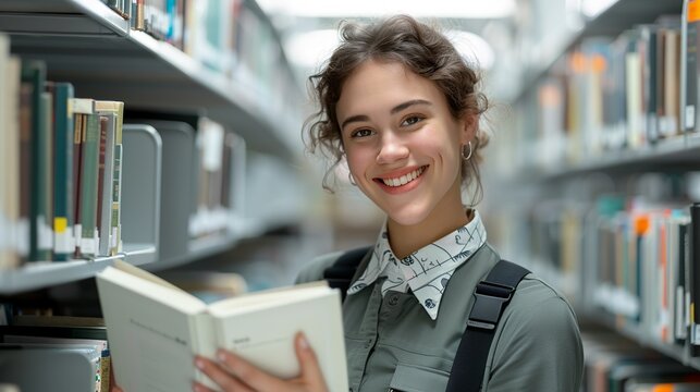 Happy librarian in a library assisting a patron with a book search. Diverse library staff creating a welcoming and resourceful environment with dedication and smiles. Portrait, Realistic Photo, High