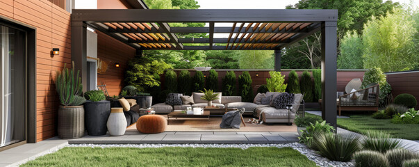 A chic outdoor living space with a pergola, stylish outdoor furniture, and a mix of potted plants