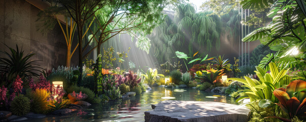 Obraz premium A futuristic garden design with smart irrigation systems, automated lighting, and a mix of exotic