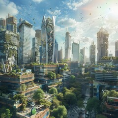 Obraz premium Digital rendering of a city with extensive recycling infrastructure, sustainability, eco-friendly urban living