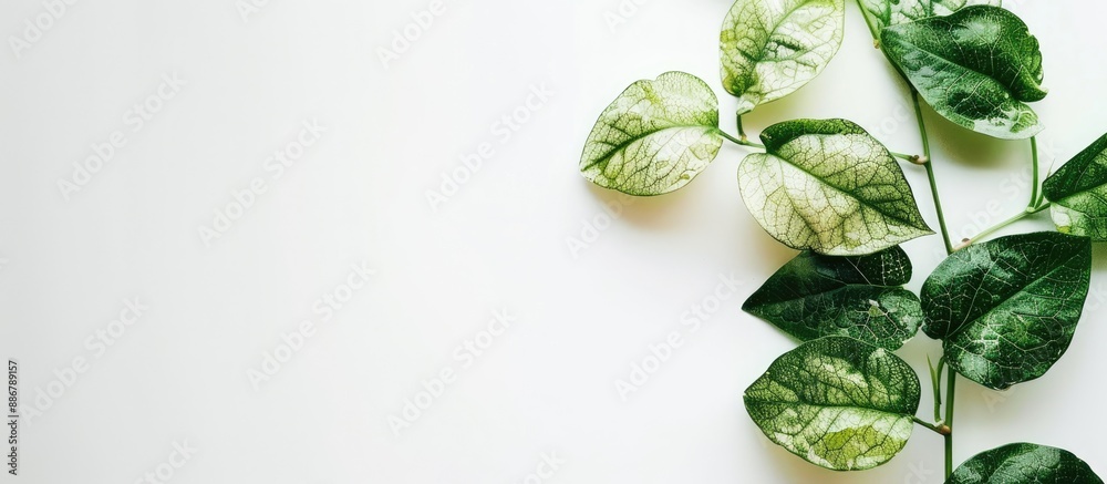 Aufkleber green leaves turning white withered on a white background, creating a striking contrast with ample c