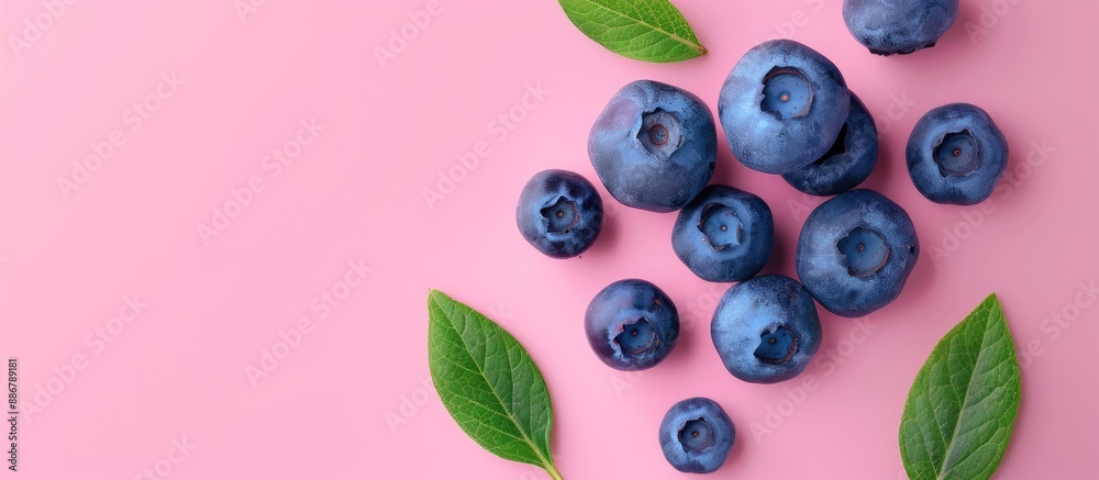 Poster Fresh ripe blueberry with vibrant green leaf isolated on a pink background, providing ample copy space for your text, in a top-down view, creating a visually appealing flat lay pattern.