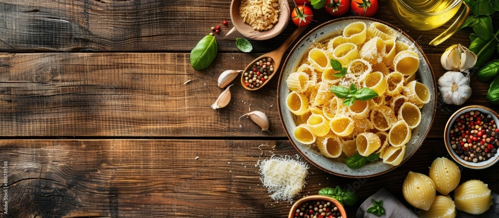 Poster A plate of pasta with various ingredients placed on a wooden table, creating a rustic setting with ample copy space image.