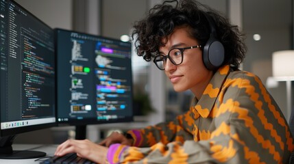 Content software developer coding on a computer and collaborating with a team. Diverse tech professionals working on innovative projects and celebrating success with smiles. Portrait, Realistic