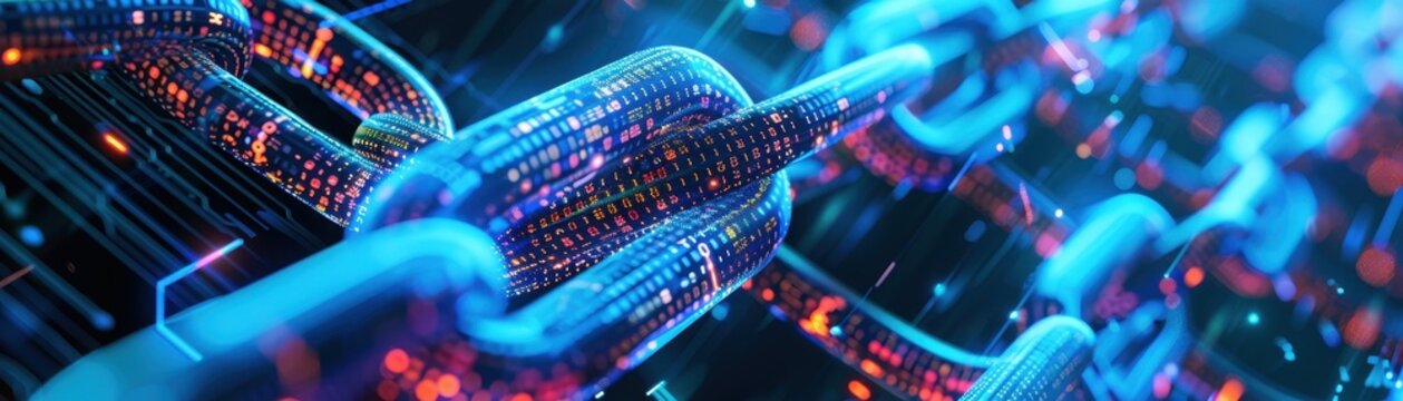 Close-up view of futuristic technology network with glowing digital blockchain connecting nodes, representing secure data encryption.