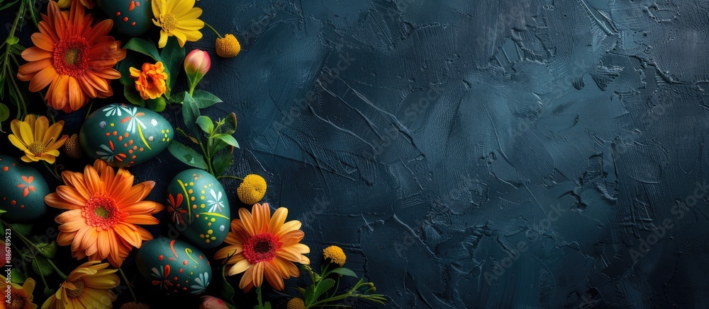 Poster easter eggs and flowers displayed on a dark background with copy space image for easter celebration.