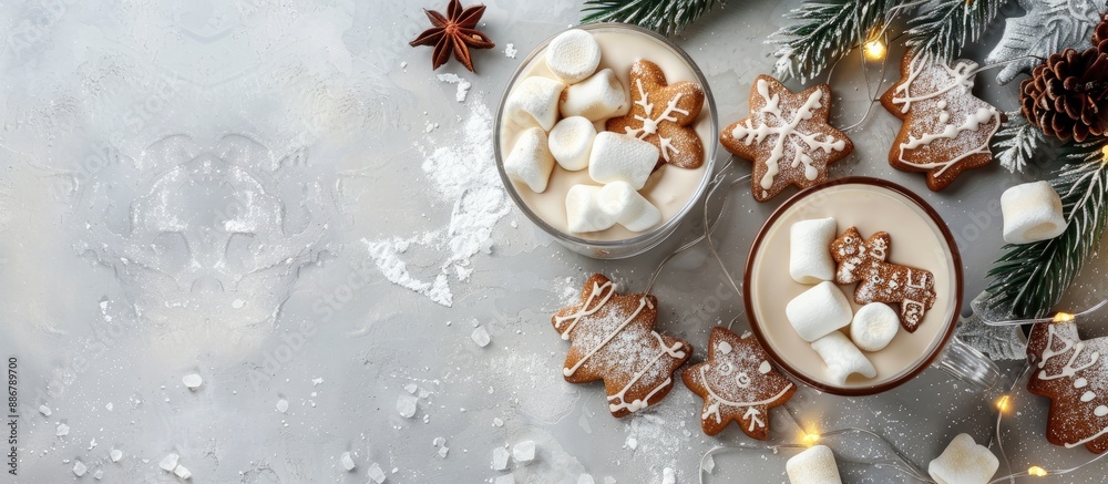 Poster Christmas cocktail with marshmallow and gingerbread cookies on a stone table in a flat lay image from above with copy space.