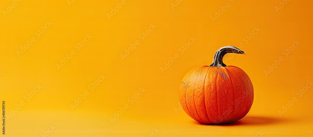 Poster A single ripe pumpkin standing alone on a yellow background with ample copy space image.
