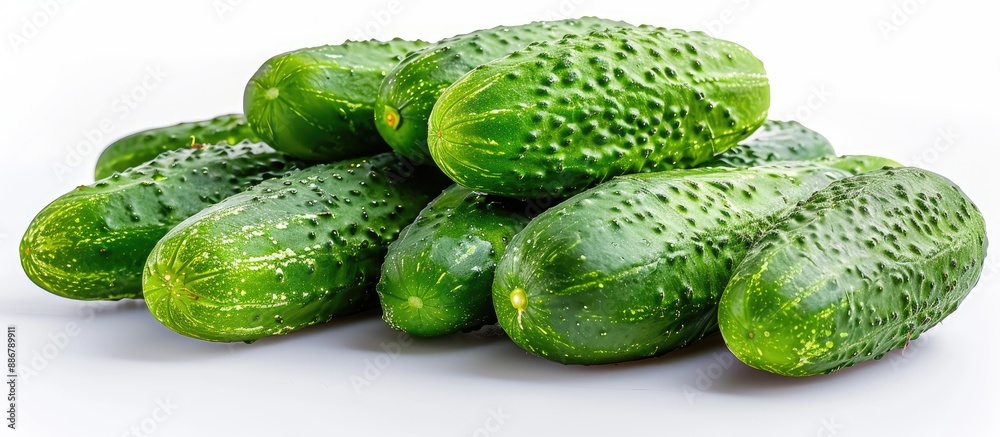 Poster Front view of a cluster of crisp green cucumbers isolated on a white background with room for text or a image alongside.