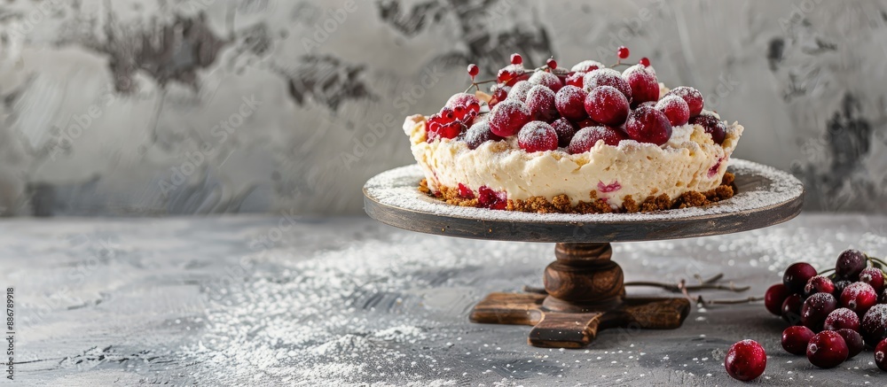 Poster a cottage cheese pie casserole topped with cranberries and spices, dusted in powdered sugar, display
