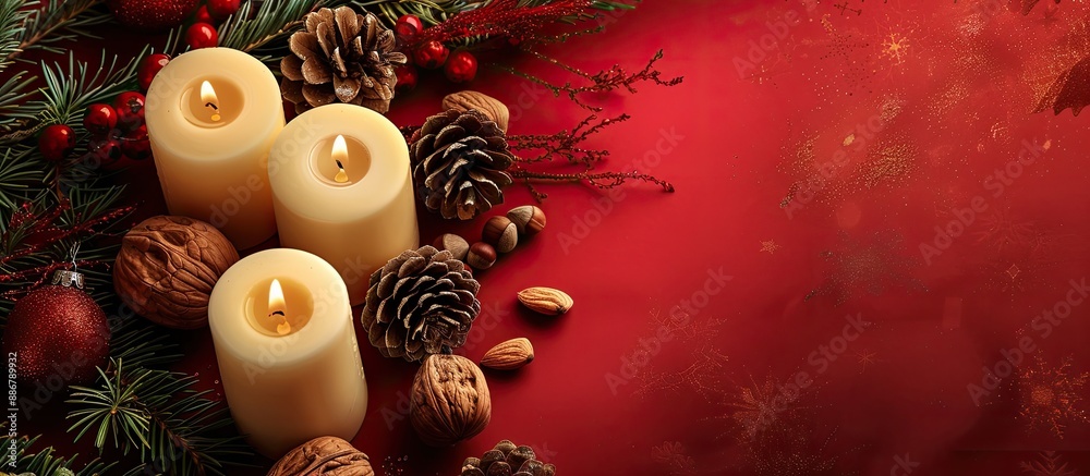 Poster christmas-themed decorations featuring candles, pine cones, and nuts on a red backdrop with a copy s