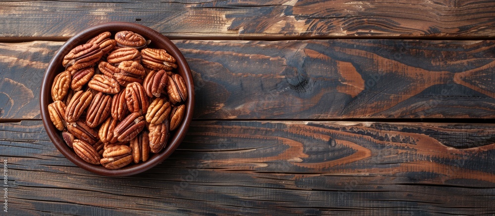 Poster top view of a dish with shelled pecan nuts on a wooden surface, with room for text in the image.