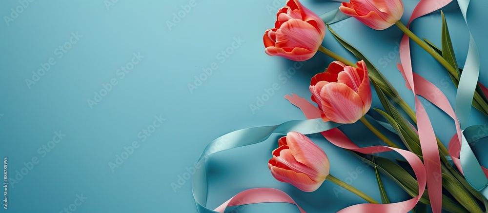 Poster tulips and ribbons arranged on a blue backdrop, providing a visually appealing composition with copy