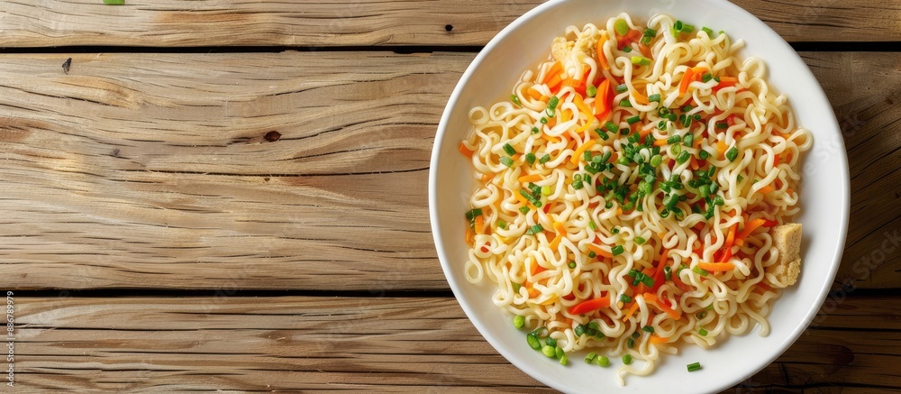 Aufkleber half a plate of instant noodles placed on a wooden table with ample copy space image.