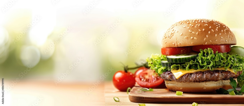Poster A homemade hamburger topped with lettuce, tomato, cheese, and cucumber displayed on a cutting board next to a clear area for your text in the image.